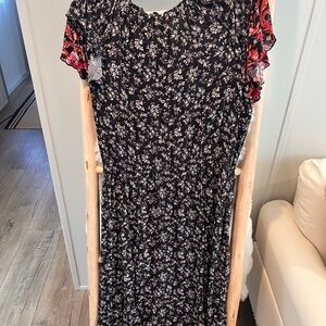 Maurices Black Floral Maxi Dress with Red Accent Sleeves